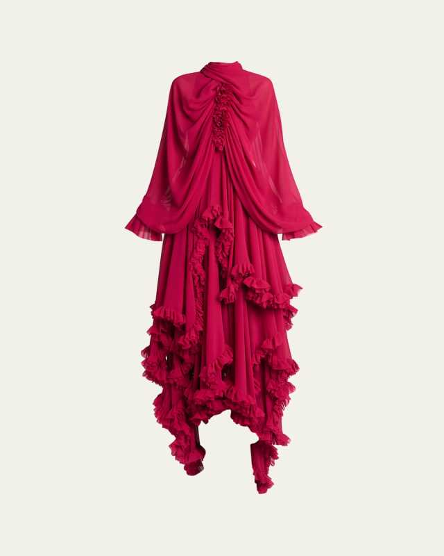 Draped Open-Back Ruffle Cape Gown